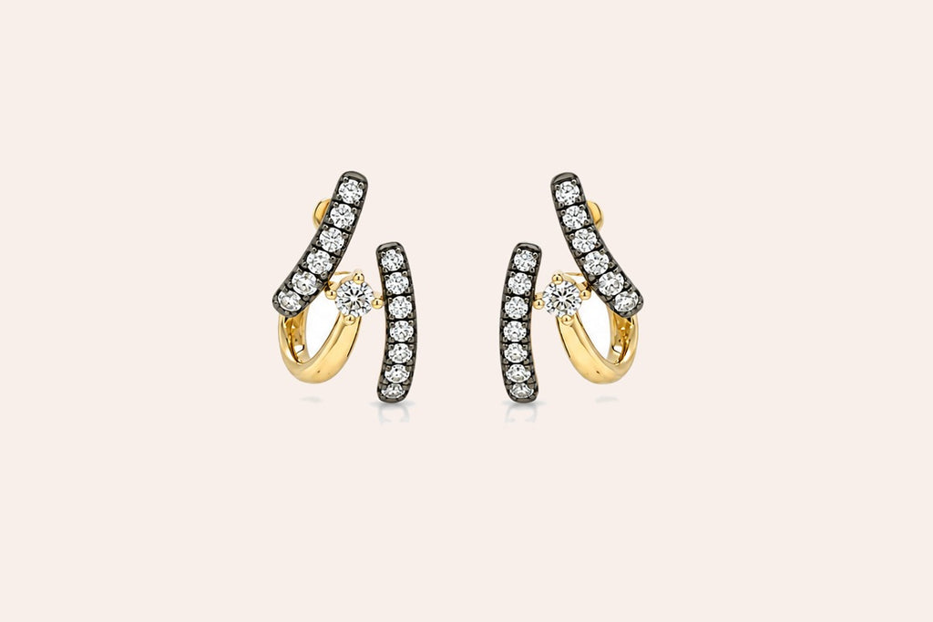 Earrings 18kt Gold Triple Lobe Studs Double Band Black Rhodium Diamonds