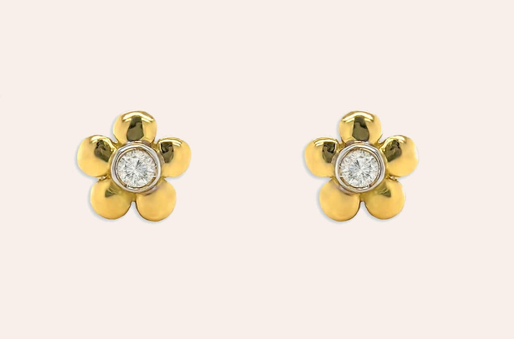 Mini Earrings 18kt Gold Flower & Bezel Diamond Studs