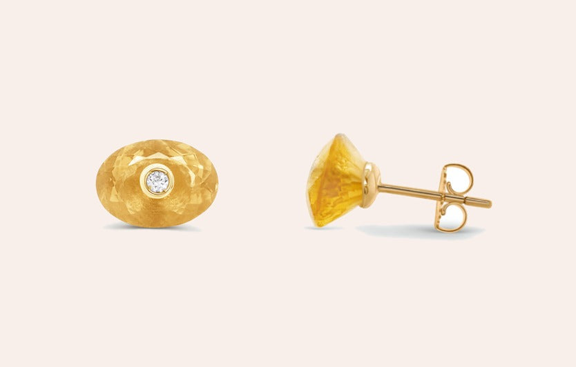 Earrings 18kt Gold Oval Citrine Studs with Diamonds