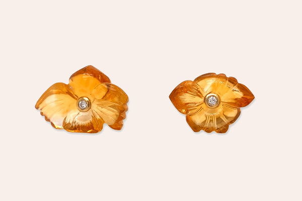 Earrings 18kt Gold Citrine Asymmetrical Carved Flowers & Diamonds