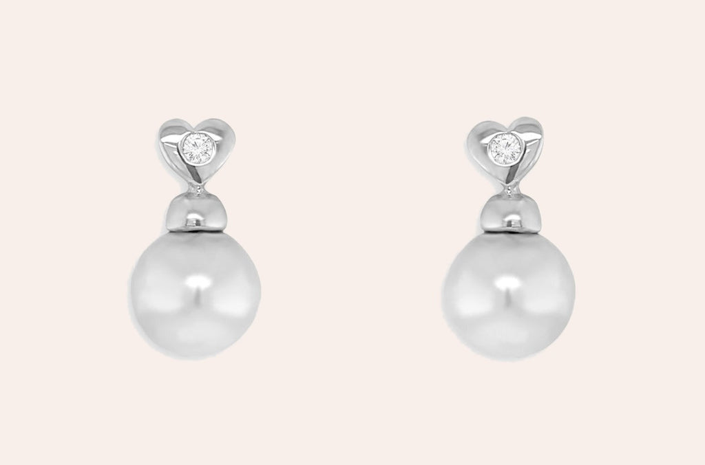 Earrings 18kt Gold Round Grey Pearls & Center Diamonds Hearts Studs