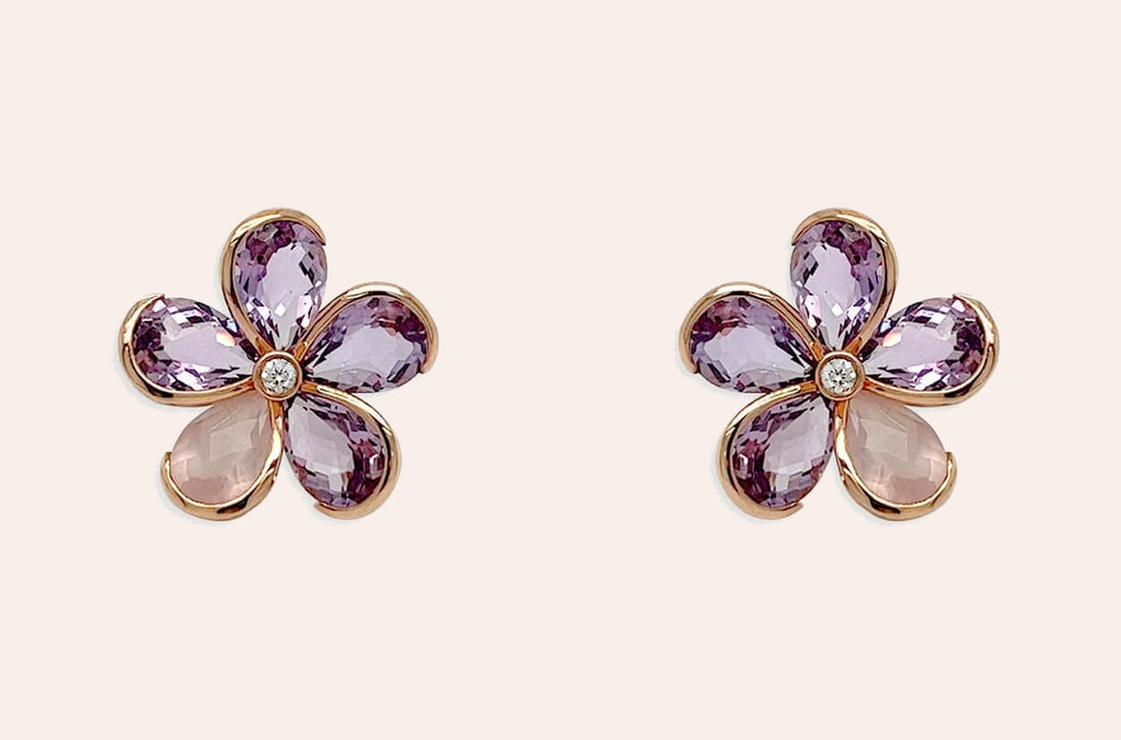 Earrings 18kt Gold Quartz & Amethysts Flowers