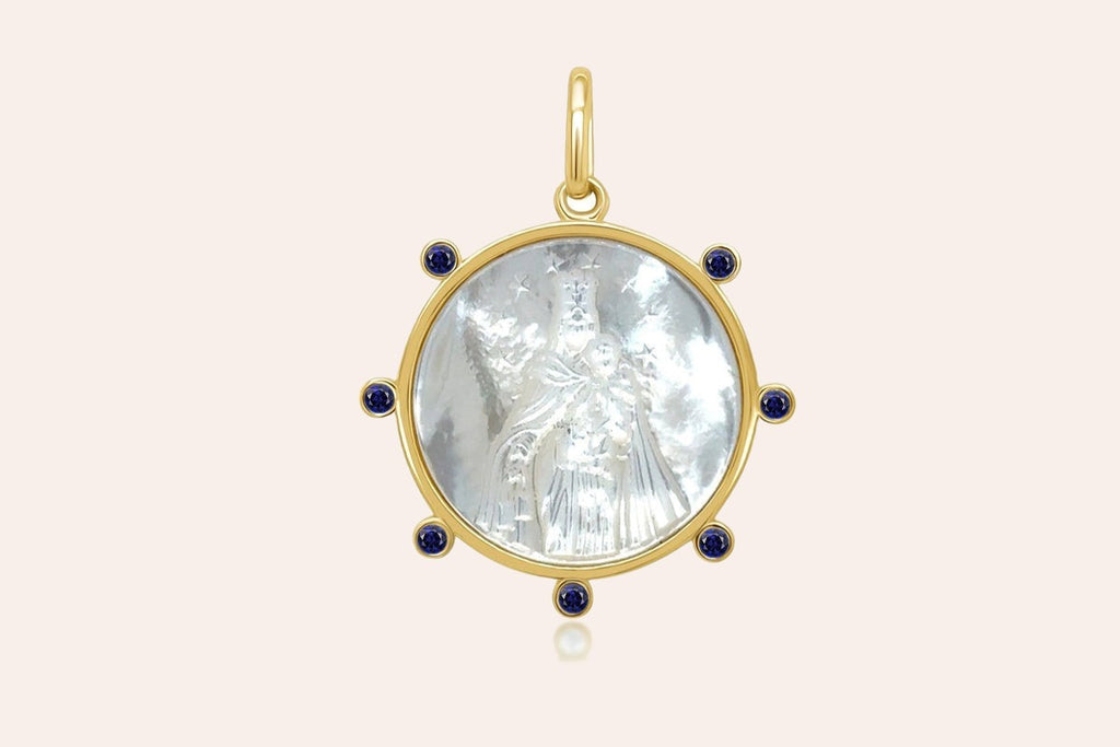Necklace 18kt Gold Mother Pearl Sapphires Medal Pendant