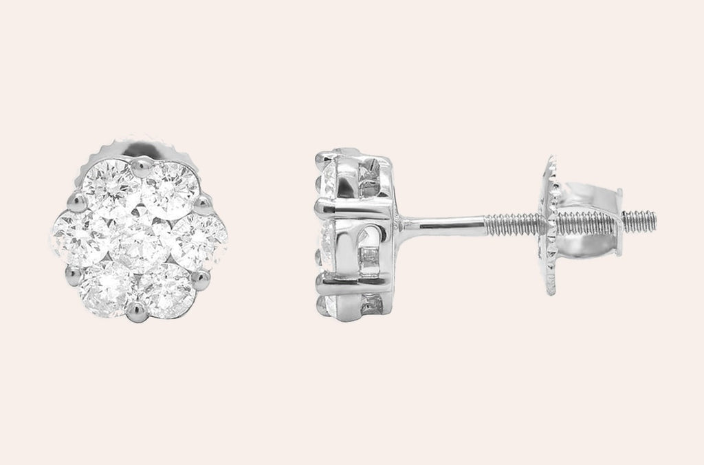 Earrings 1.00 cts Diamonds Round Cluster 14kt Gold