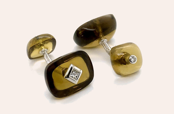 Men's 18kt Gold Rectangular Smoky Topaz & Carre Diamonds Cufflinks