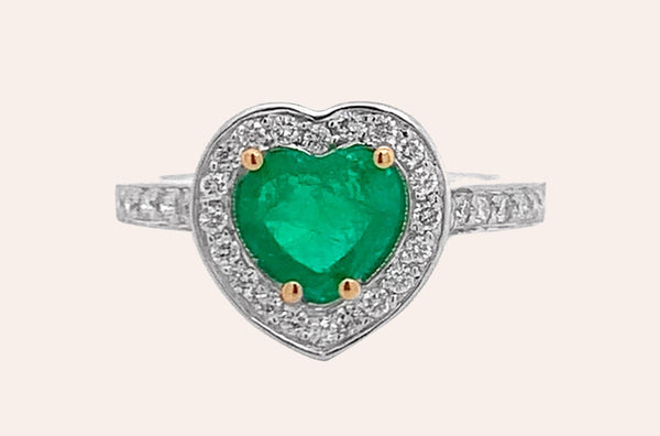 Ring 18kt Gold Emerald Heart & Diamonds