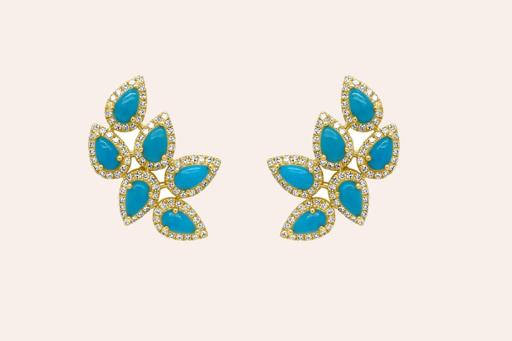 Earrings 14kt Gold Climbers Pear Cabouchon Turquoise with Diamonds