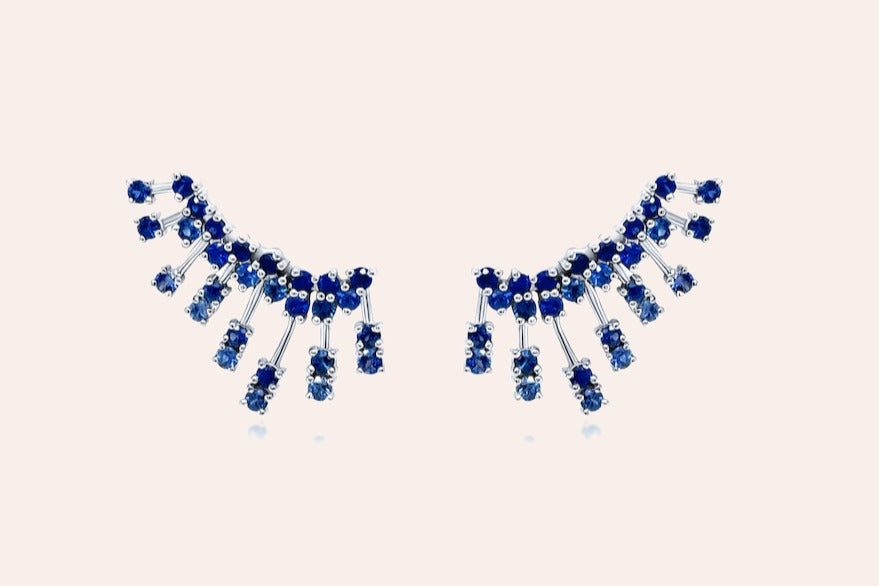 Earrings 14kt Gold Climber Round Sapphires Stardusts
