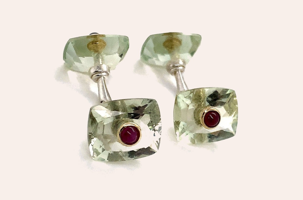 Men's Silver Base Emerald cut Green Amatistas & Ruby Cufflinks