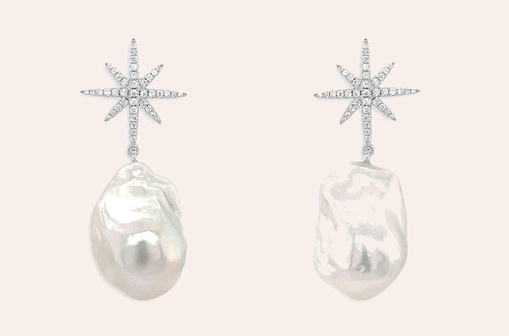 Earrings 14kt Gold Baroque Pearls & Diamonds Star Drop