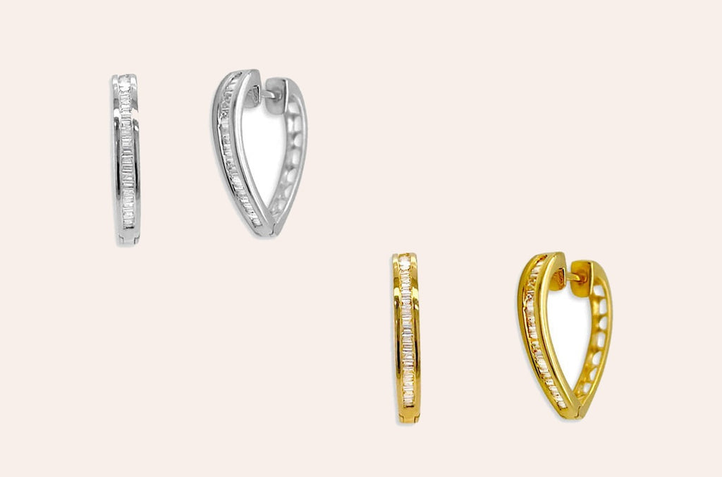 Earrings 18kt Gold Heart Shape & Baguette Diamonds Huggies