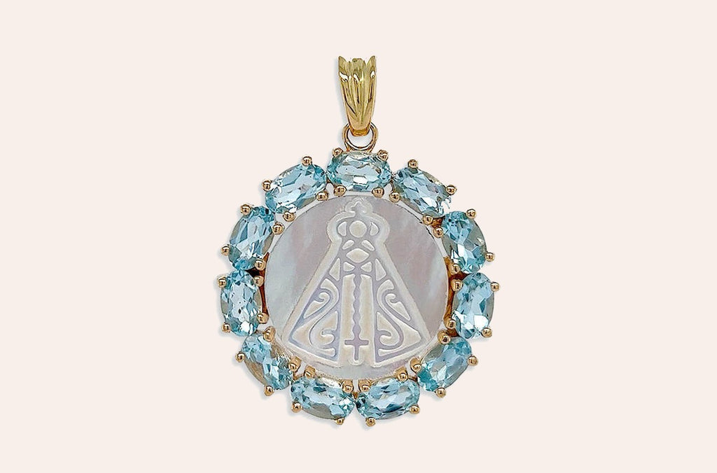 Medal Mother of Pearl Virgin of the Valley | Virgen del Valle 18kt Gold & Aquamarines