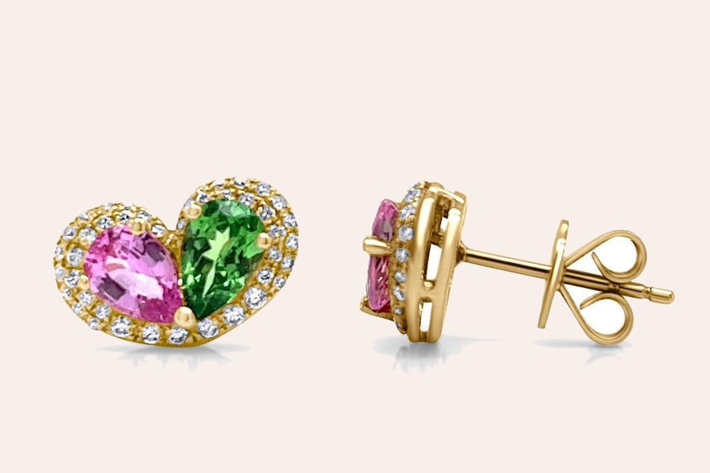 Earrings 18kt Tsavorites & Pink Sapphire Pear Shape with Diamonds Halo