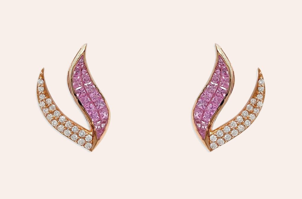 Earrings 18kt Gold Princess Cut Pink Sapphires & Diamonds