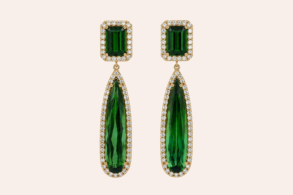 Earrings 18kt Gold Green Tourmaline and Diamonds