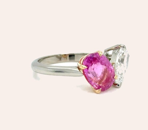 Ring 18Kt Gold GIA Pear Diamond and Oval Pink Sapphire