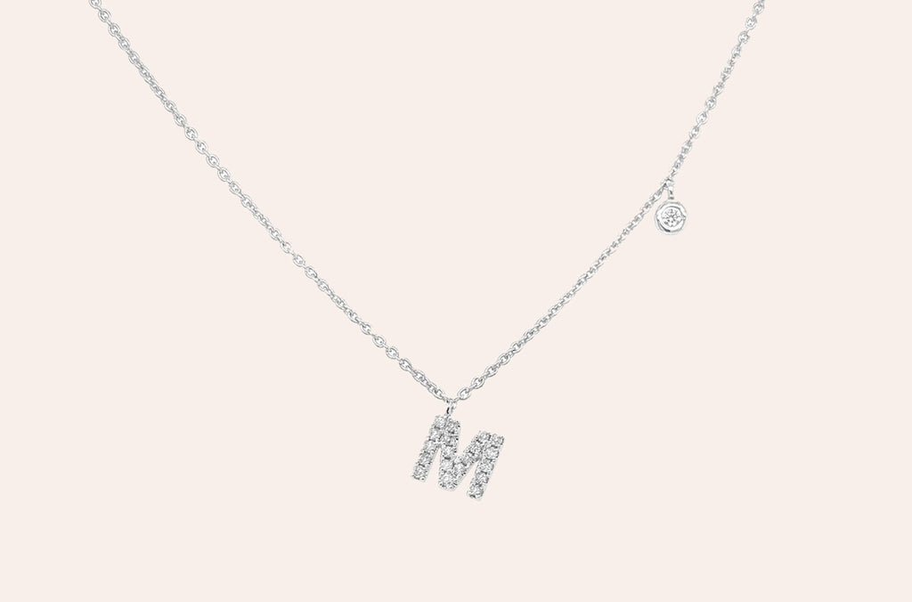 Necklace Initial Letter M White Gold with Diamond