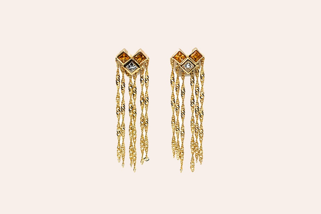 Earrings 18Kt Yellow Gold Yellow Sapphires, Diamonds and rain of Chains