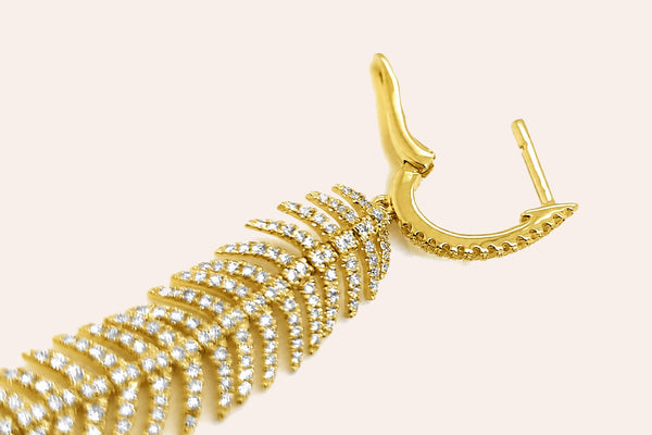 Earrings 18kt Gold Feather Drops & Diamonds