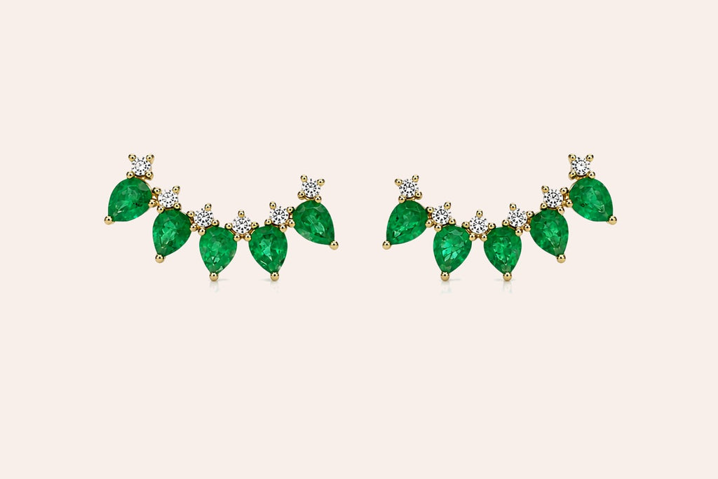 Earrings Crawlers 14 Kt Gold Pear Emeralds & Diamonds