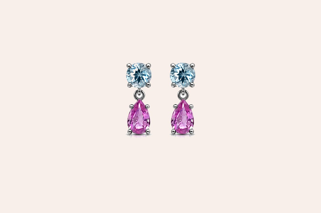 Earrings 14kt Gold Blue Topaz and Pink Sapphires Drops