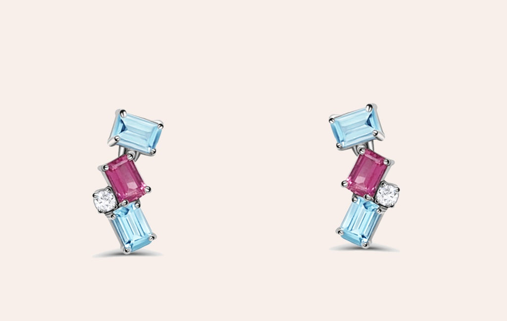 Earrings 18kt Gold Climbers Aquamarine, Tourmaline & Diamonds