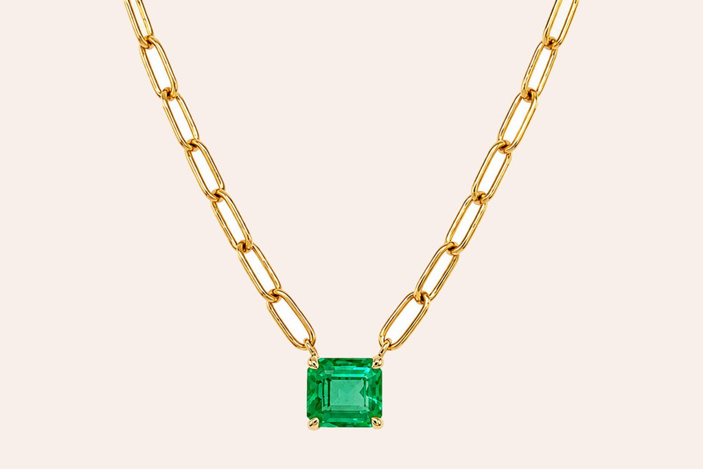 Necklace 14kt Gold Paper Clip Chain with Emerald