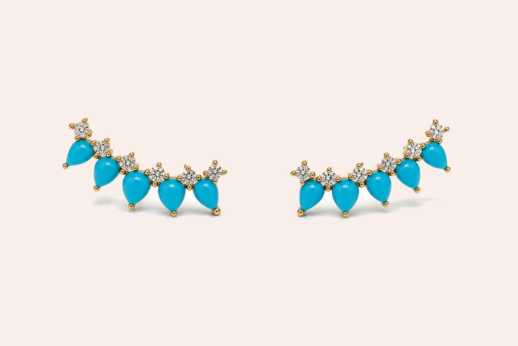 Earrings Crawlers 14 Kt Gold Pear Turquoise & Diamonds