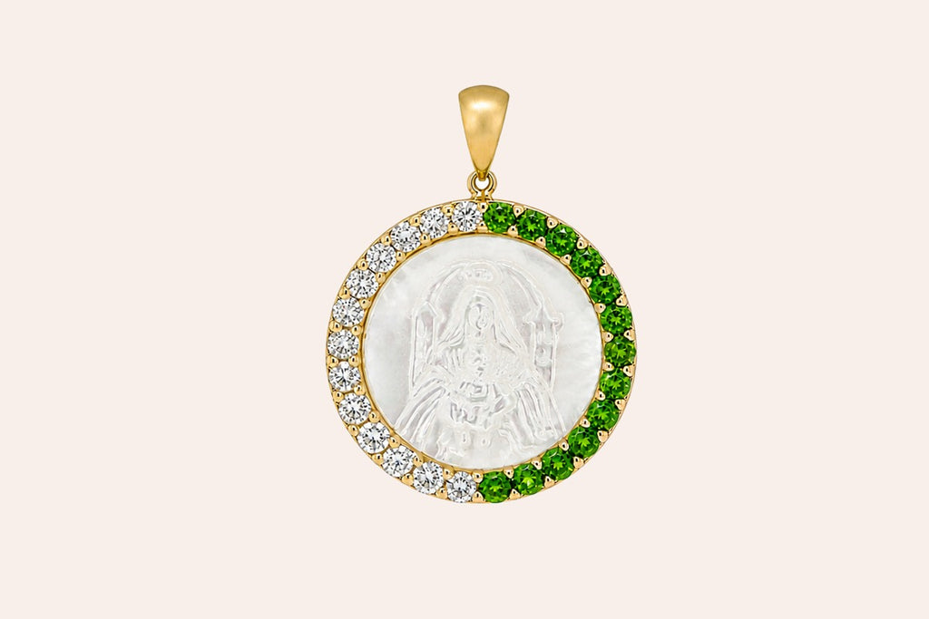 Medal Mother of Pearl Our Lady of Coromoto | Virgen de Coromoto 14kt Gold Diamonds and Tsavorites
