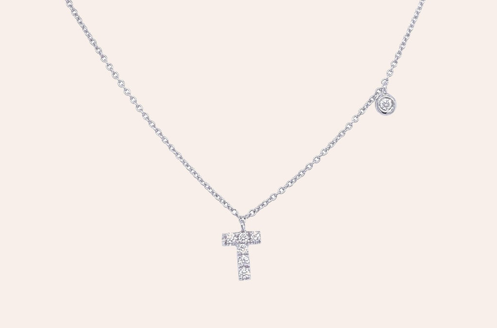 Necklace Initial Letter T White Gold with Diamond