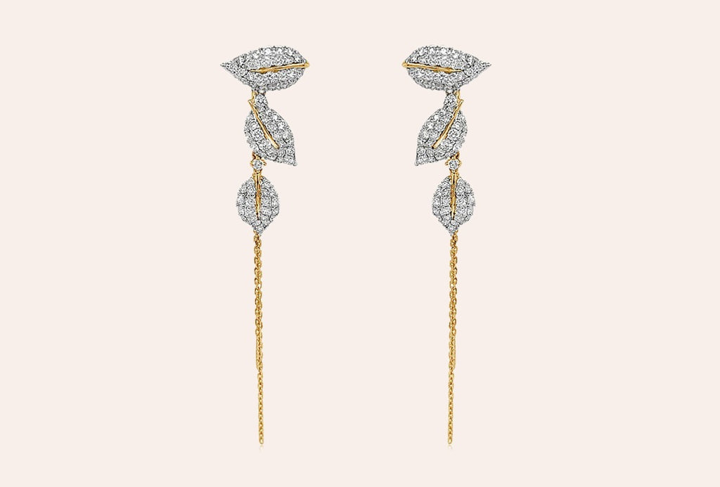 Earrings 18kt Gold Leaf Shape Diamonds and Long Chain