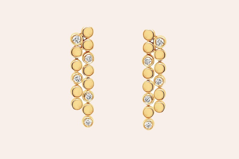 Earrings 14kt Gold Double Inline Round Diamonds Drop