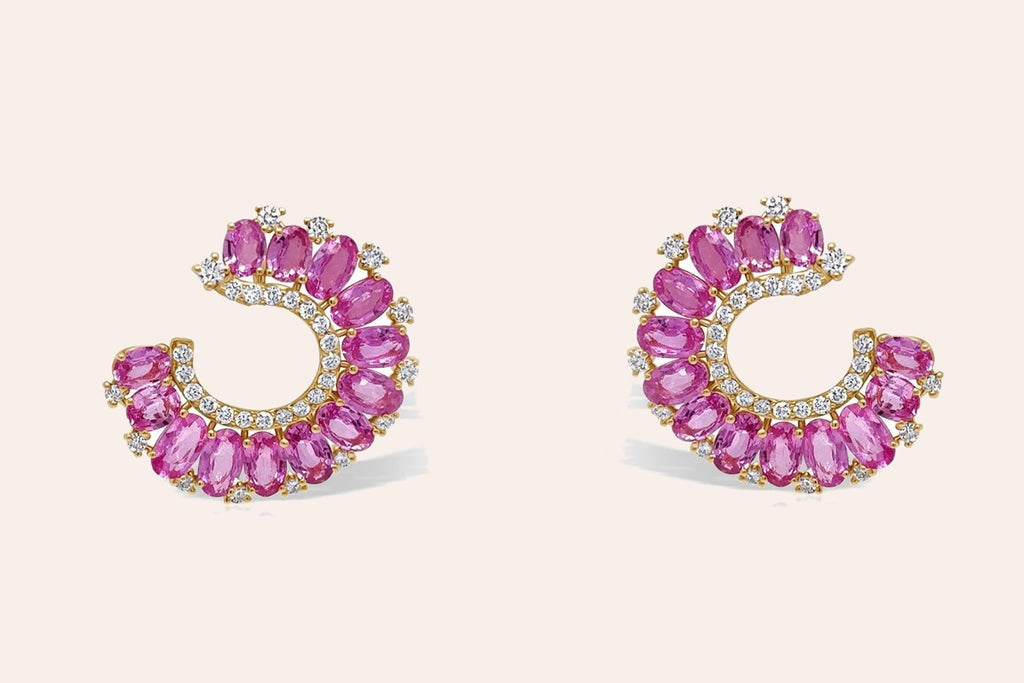 Earrings 18kt Gold C-Shaped Pink Sapphire & Diamonds