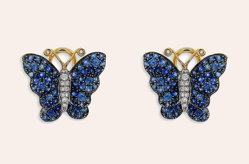 Earrings 18kt Mixed Gold Blue Sapphire & Diamonds Butterflies