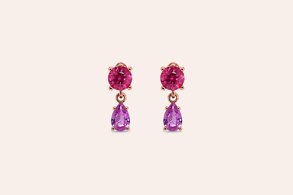 Earrings 14kt Gold Tourmaline and Pink Sapphires Drops