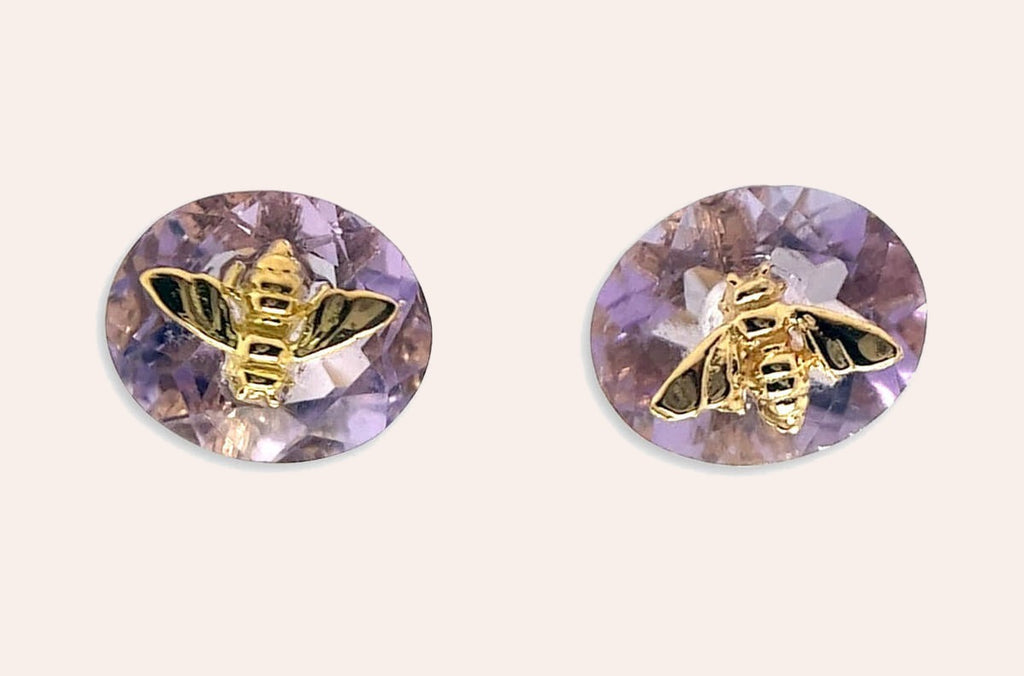 Earrings 18kt Gold Oval Amethyst & Bug Studs