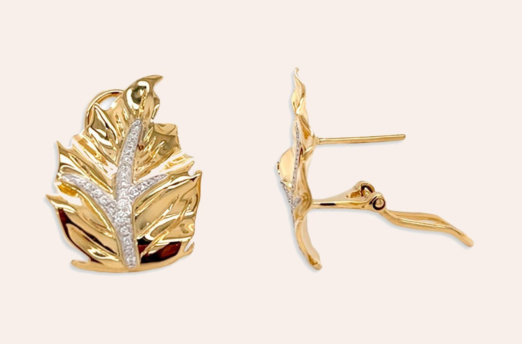 Earrings 18kt Gold Yellow Leaves & Diamonds Omega Back