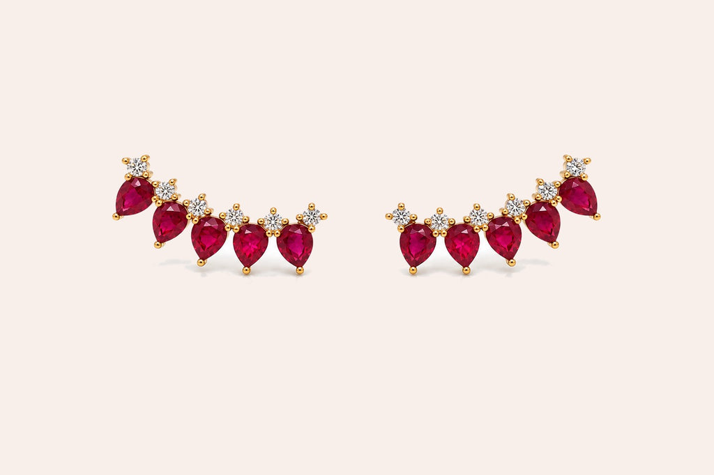 Earrings Crawlers 14 Kt Gold Pear Rubies & Diamonds