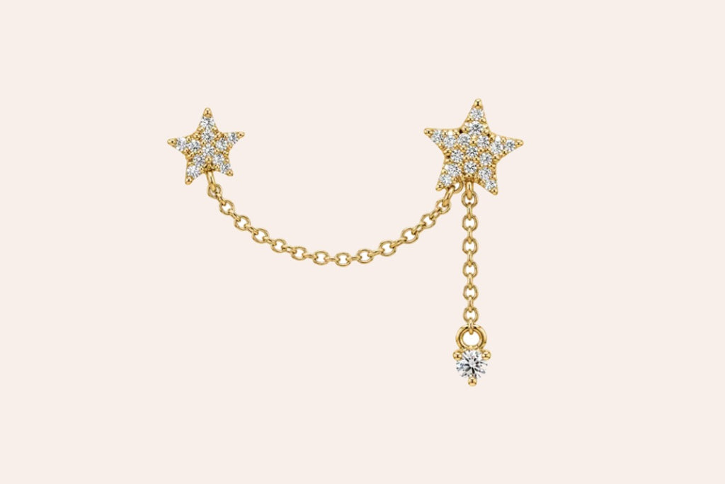 Earrings 14kt Gold Double Stud Chain & Diamonds