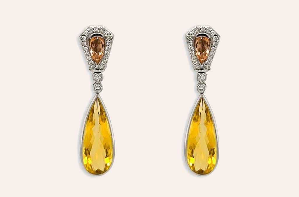 Earrings 18kt Gold Citrines Drop with Precious Topaz & Diamonds