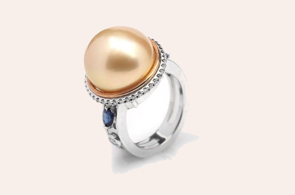 Ring South Sea Golden Pearl with Diamonds & Blue Sapphire