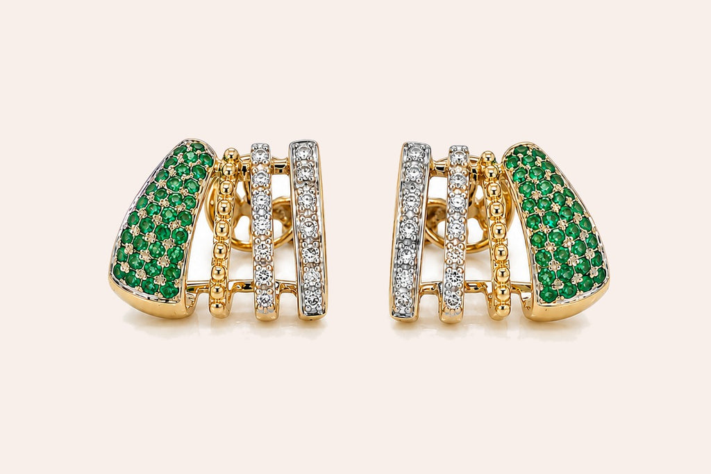 Earrings 14kt Mixed Gold Lobe Stud Diamonds and Emerlads