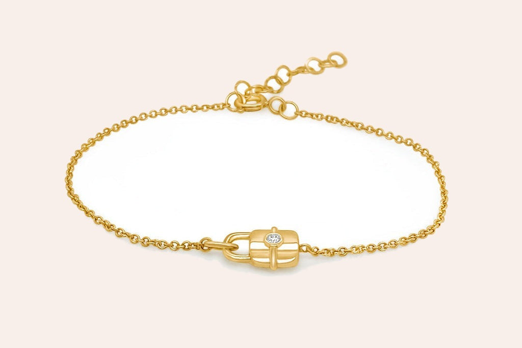 Bracelet 14kt Gold Chain Padlock & Diamond
