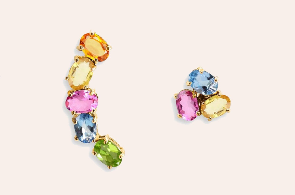 Earrings Asymmetrical Gemstones & 18kt Gold