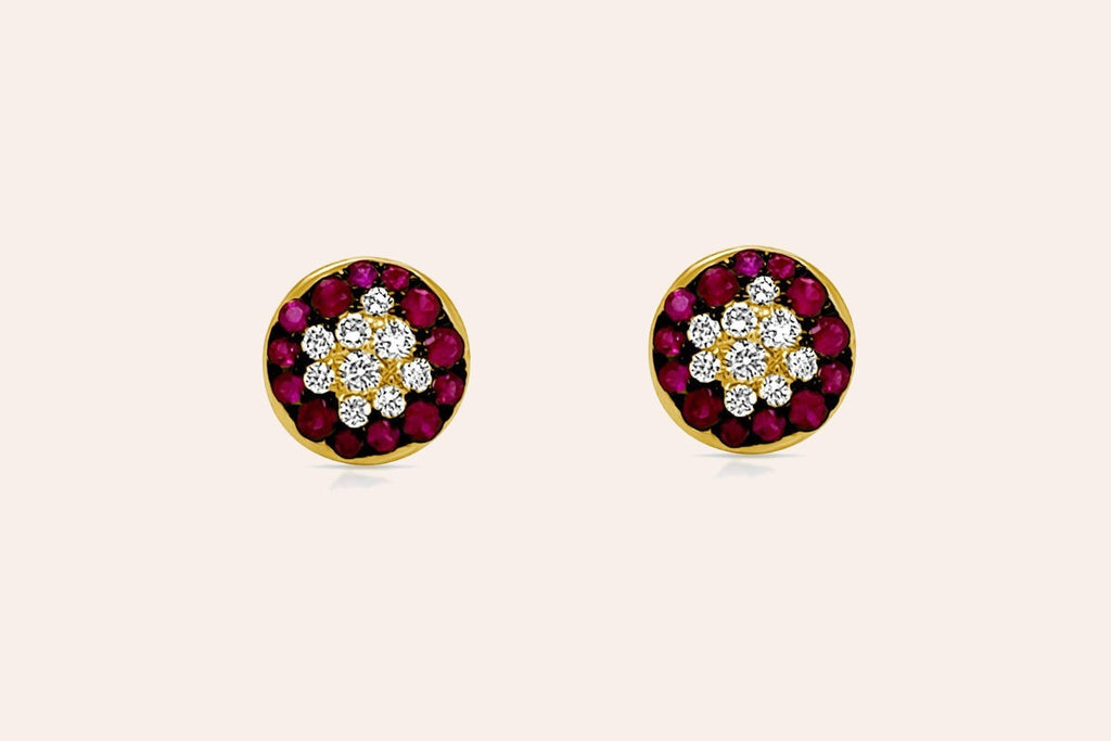 Earrings 18Kt Gold Rubies and Diamonds Round Stud