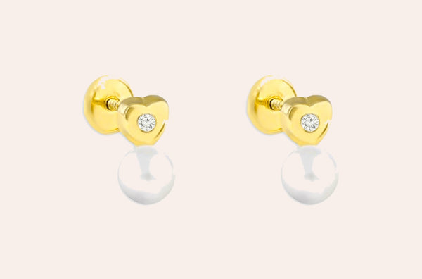Mini Earrings 18kt Gold Heart Center Diamonds & Drop Studs