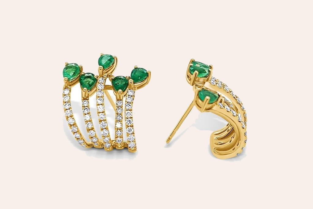 Earrings 18kt Gold Pear Emeralds & Round Diamonds Lobe Studs