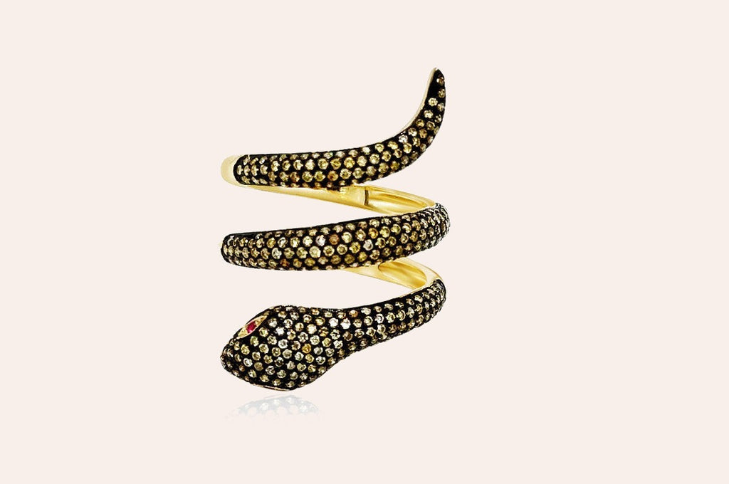 Ring 18kt Gold Snake Yellow Diamonds and Ruby