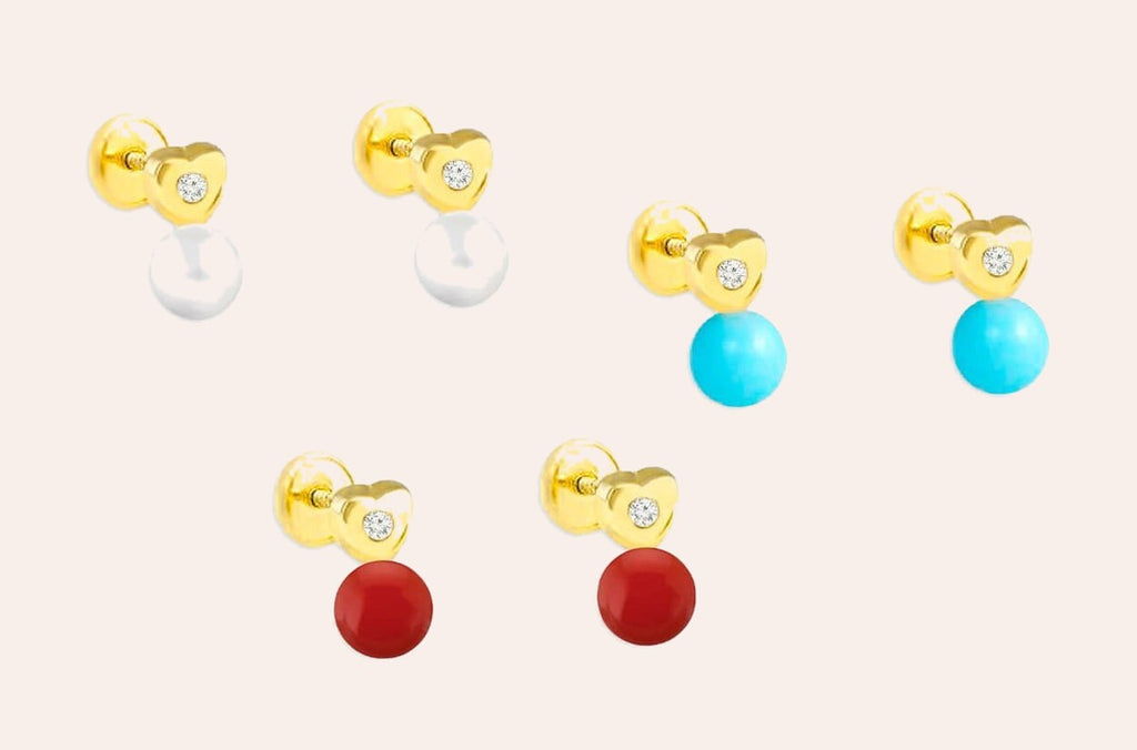 Mini Earrings 18kt Gold Heart Center Diamonds & Drop Studs