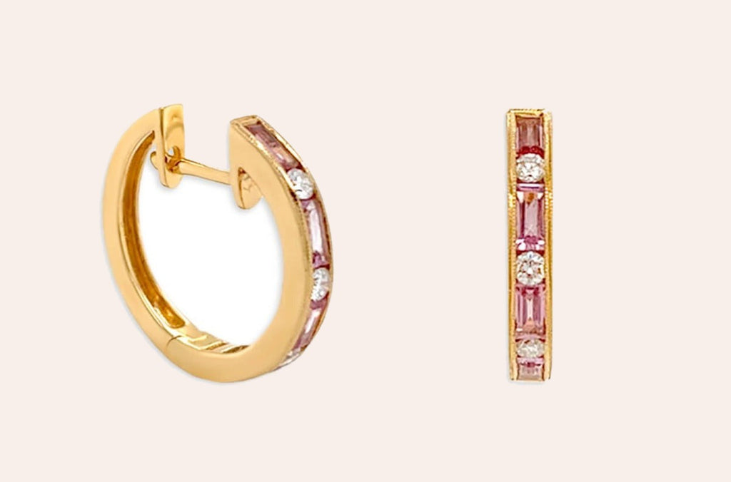 Earrings 18kt Gold Pink Sapphires & Diamonds Huggies